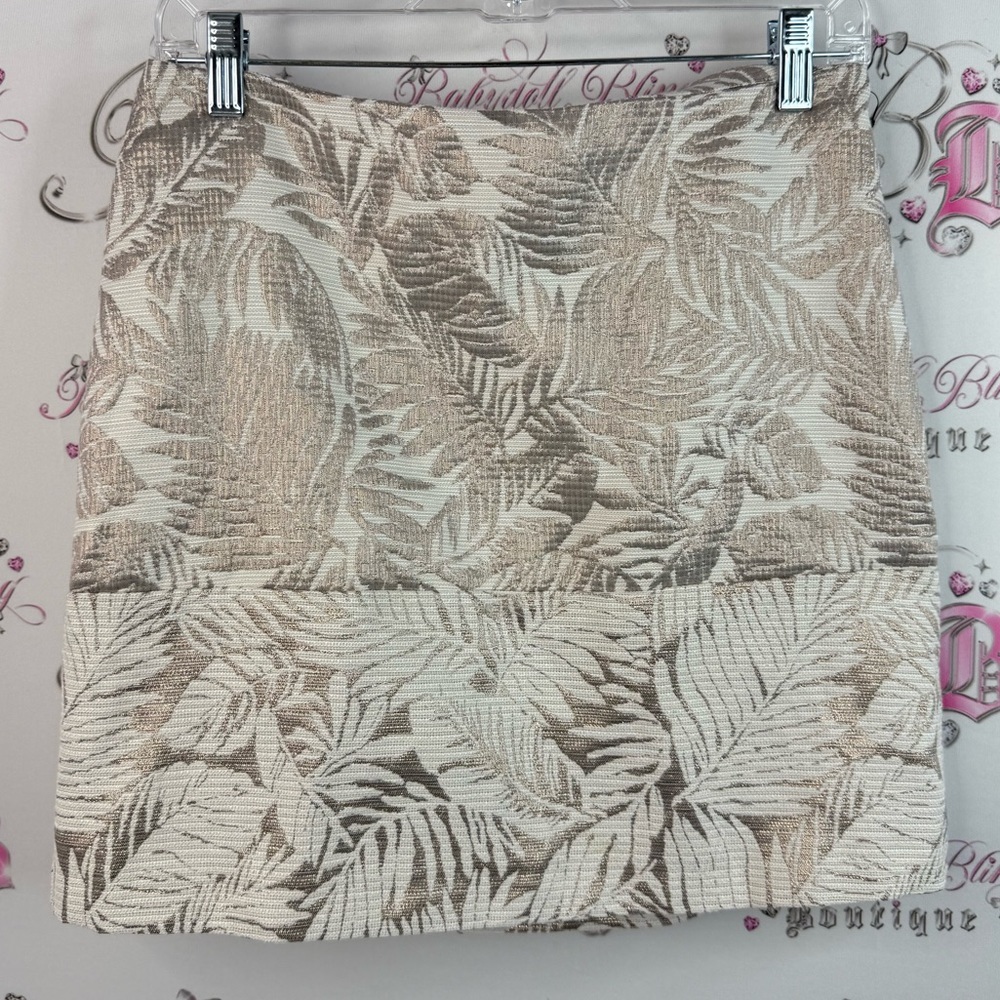 Etam skirt tropical floral shiny gold Chic Leaf Patterned Skirt in Cream and Tan